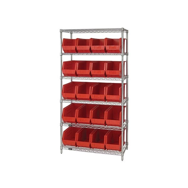 Bsc Preferred 36 x 18 x 74'' - 6 Shelf Wire Shelving Unit with 20 Red Bins WSBQ265R - main